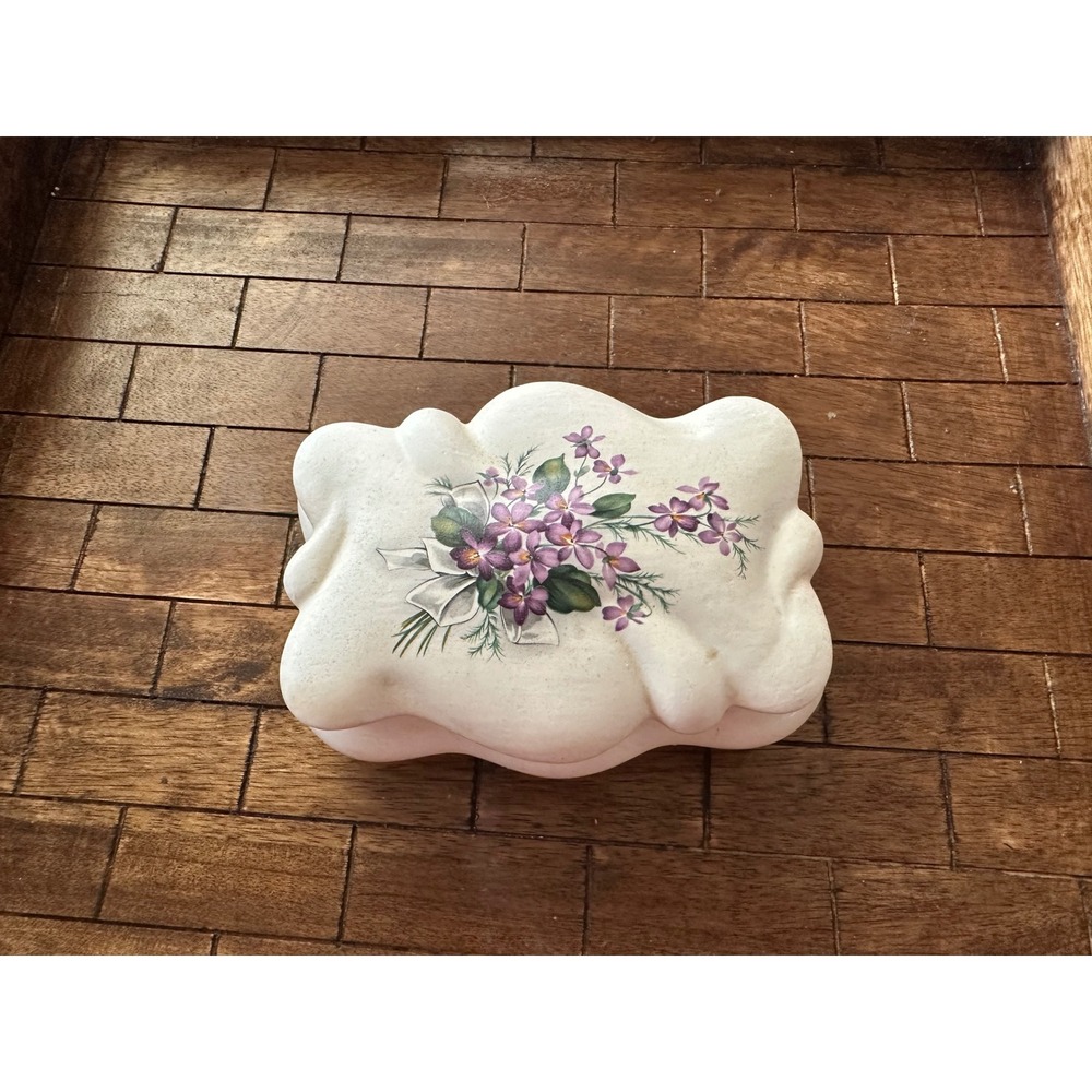 Vintage Ceramic Floral Trinket Box Purple Violets Velvet Lined Cottagecore Cream